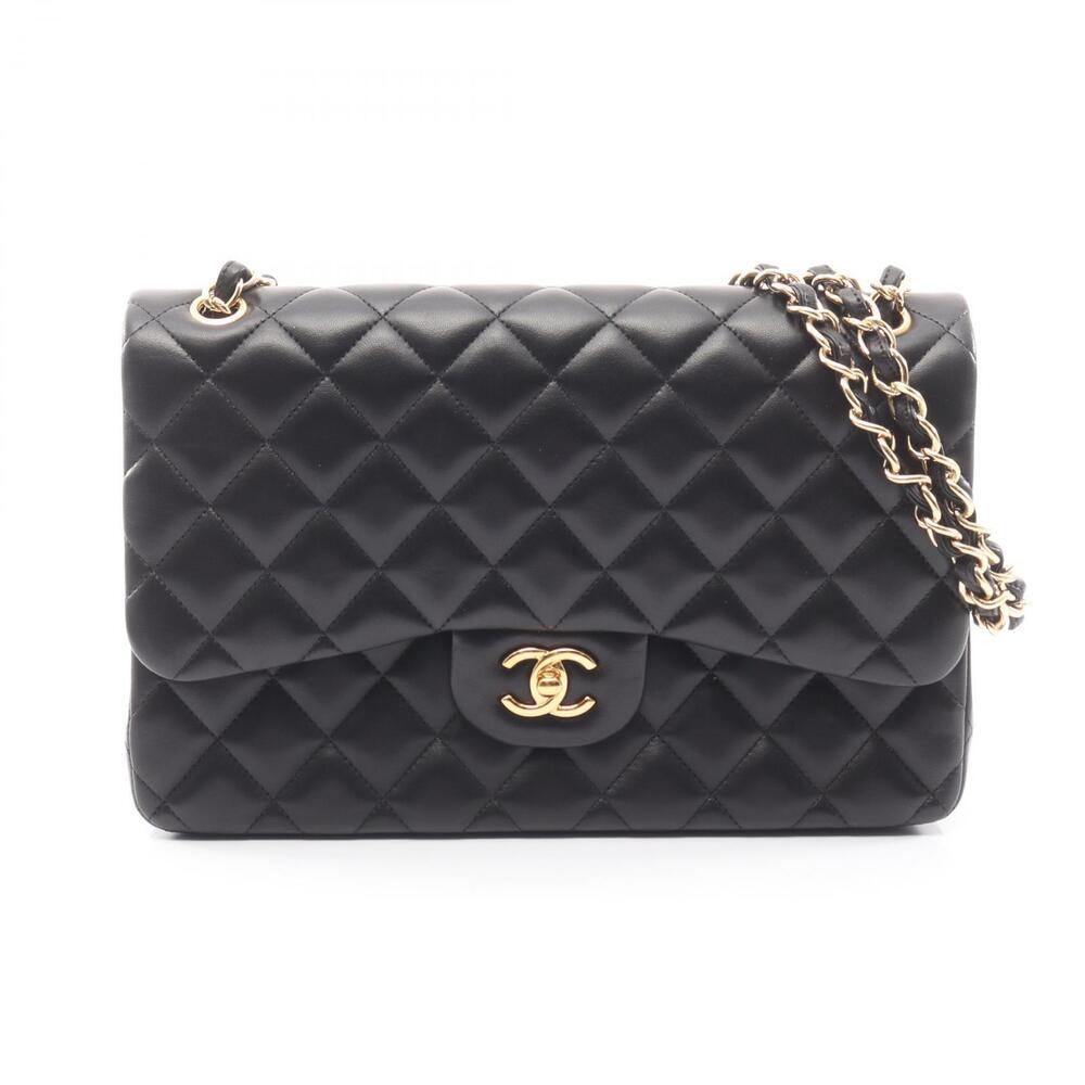Chanel Matelasse Double Flap Shoulder Bag Lambskin Sheepskin Black